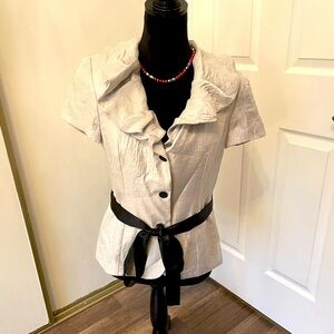 R & M Richard’s Gray Blouse with Ruffled Trim Neckline Size 8